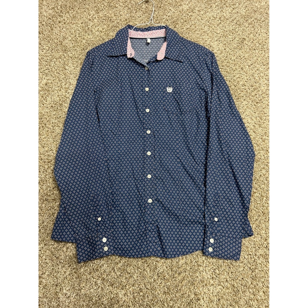 Cinch Womens XL Navy Blue Pink Geometric Western Long Sleeve Button Down Shirt